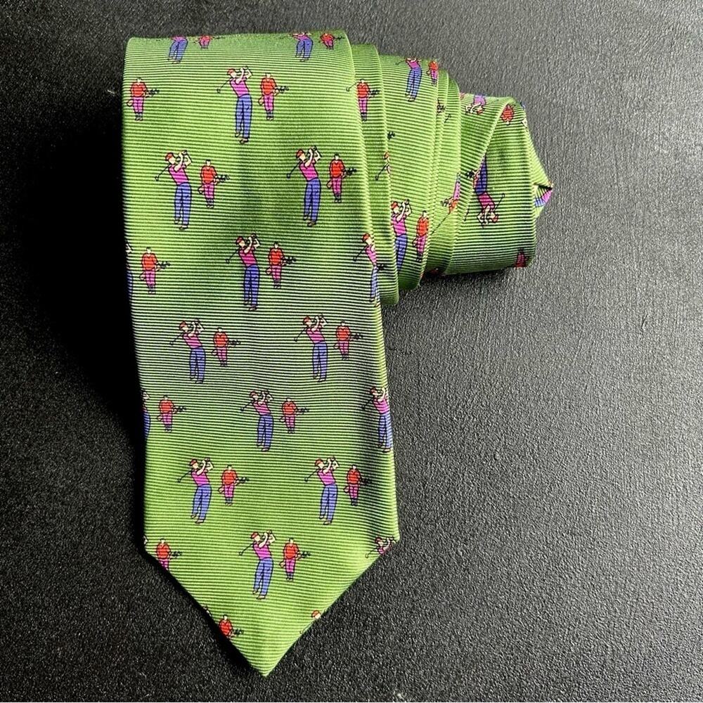 Polo by Ralph Lauren 100% Silk Handmade Tie, Green with Golfers